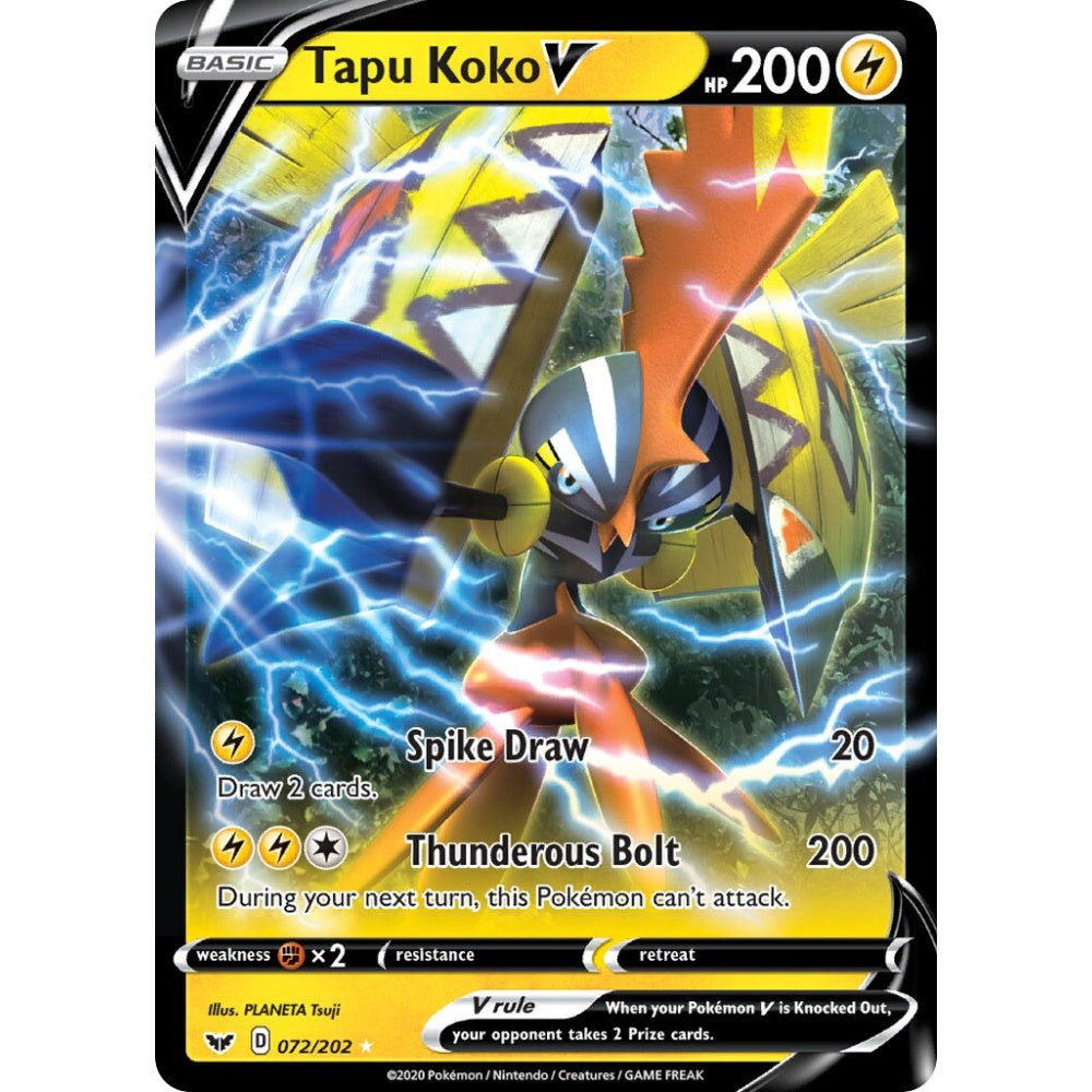 Tapu Koko V Holo Rare V 072/202 Pokemon Card Game Sword & Shield