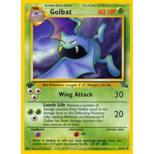 Golbat Uncommon 34/62 Pokemon Card Game Fossil