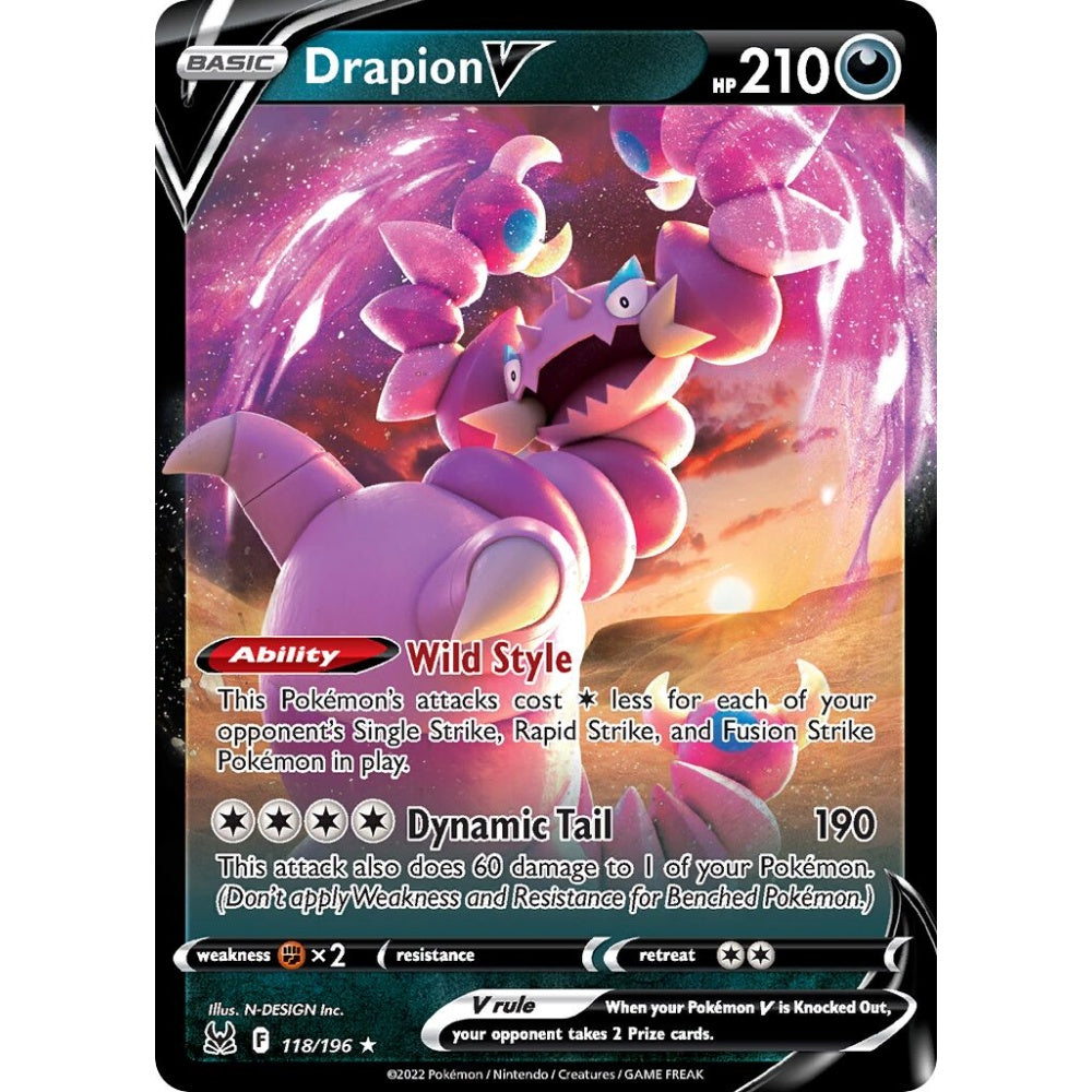 Drapion V Holo Rare V 118/196 Pokemon Card Game Lost Origin