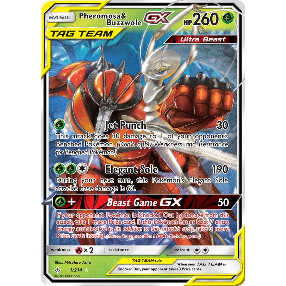 Pheromosa & Buzzwole-GX Rare Holo GX 1/214 Pokemon Card Game Unbroken Bonds