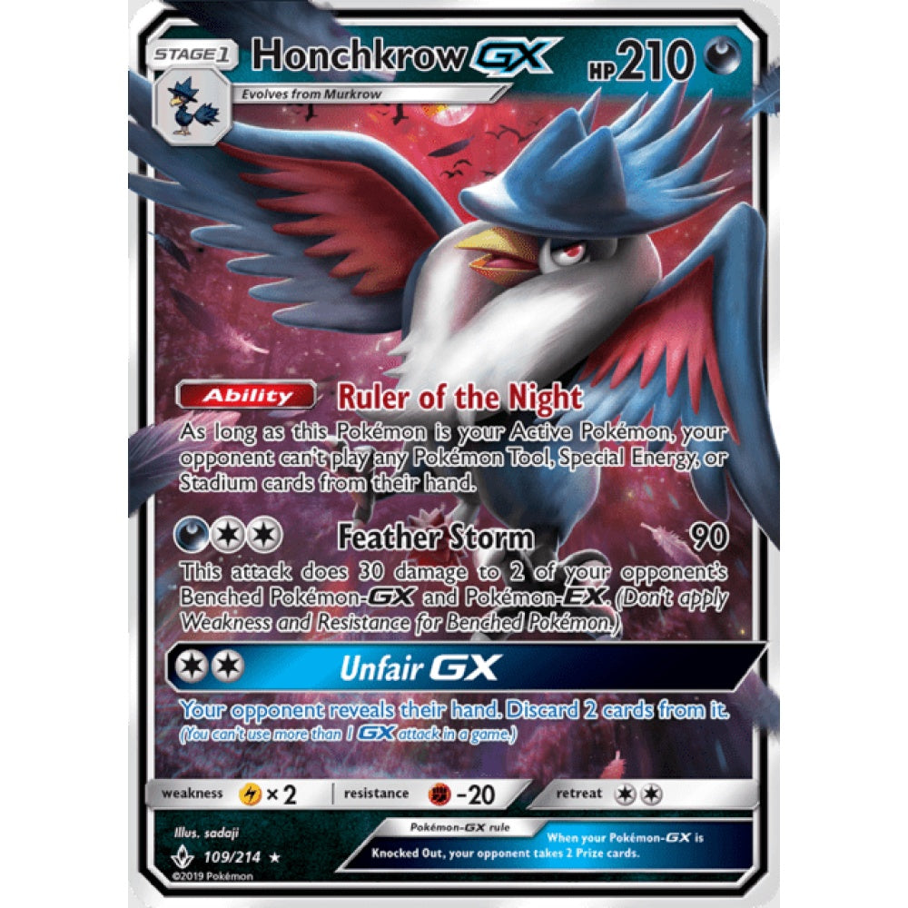 Honchkrow-GX Double Rare 109/214 Pokemon Card Game Unbroken Bonds