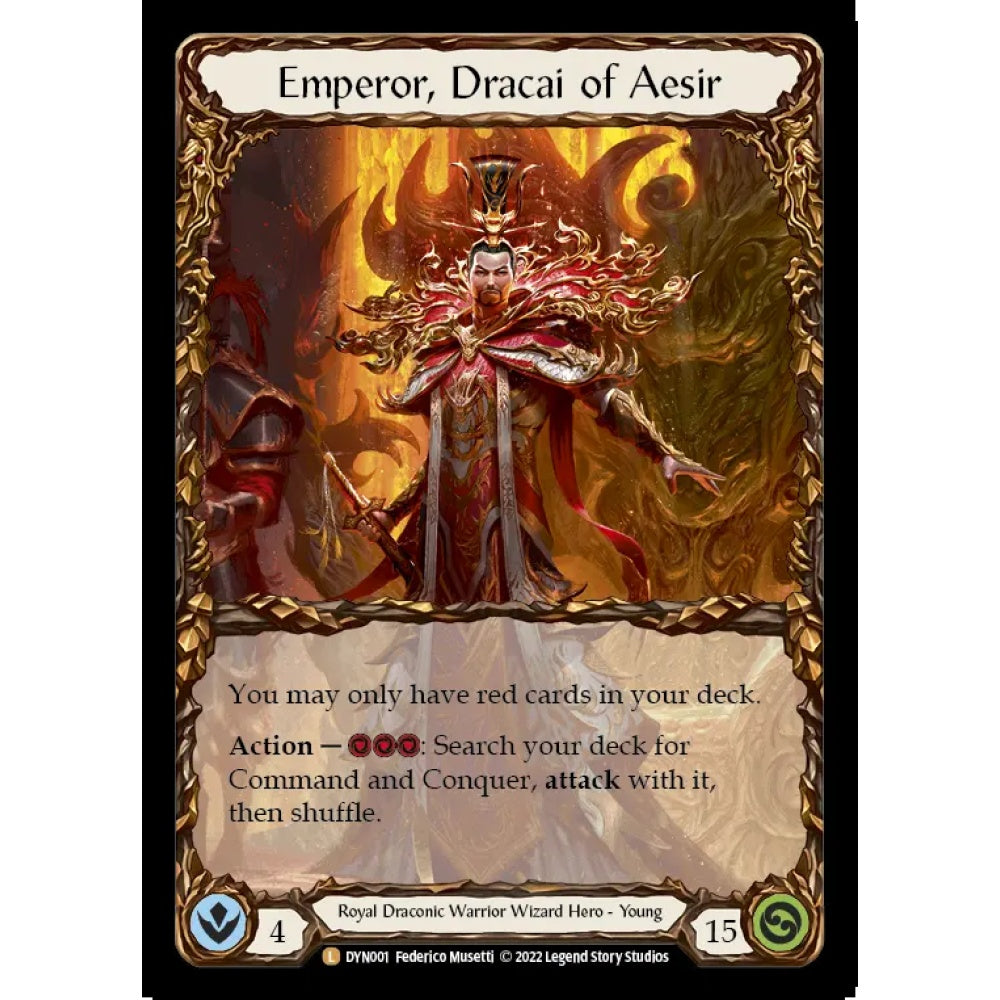 Emperor, Dracai of Aesir DYN001-RF Legendary Flesh & Blood Trading Card Game Dynasty in Rainbow Foil Art