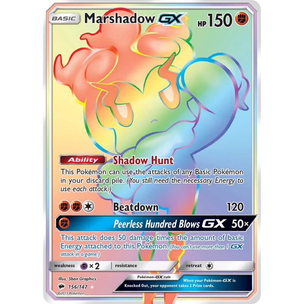 Marshadow-GX Rare Rainbow 156/147 Pokemon Card Game Burning Shadows