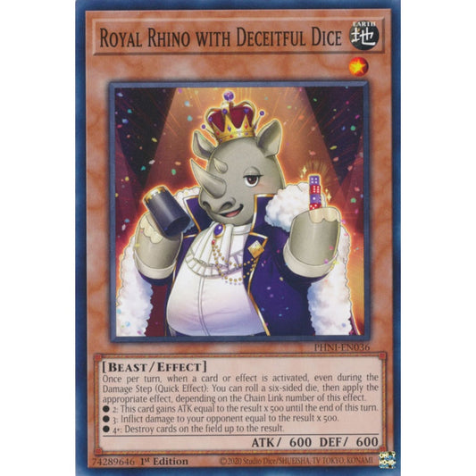 Royal Rhino with Deceitful Dice PHNI-EN036 Common Common Yu-Gi-Oh Phantom Nightmare in Art