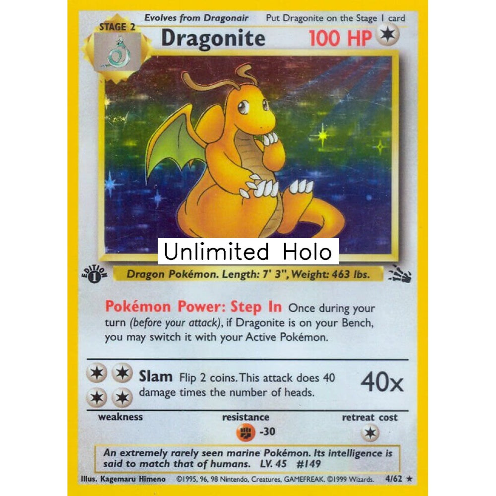Dragonite Rare Holo 4/62 Pokemon Card Game Fossil