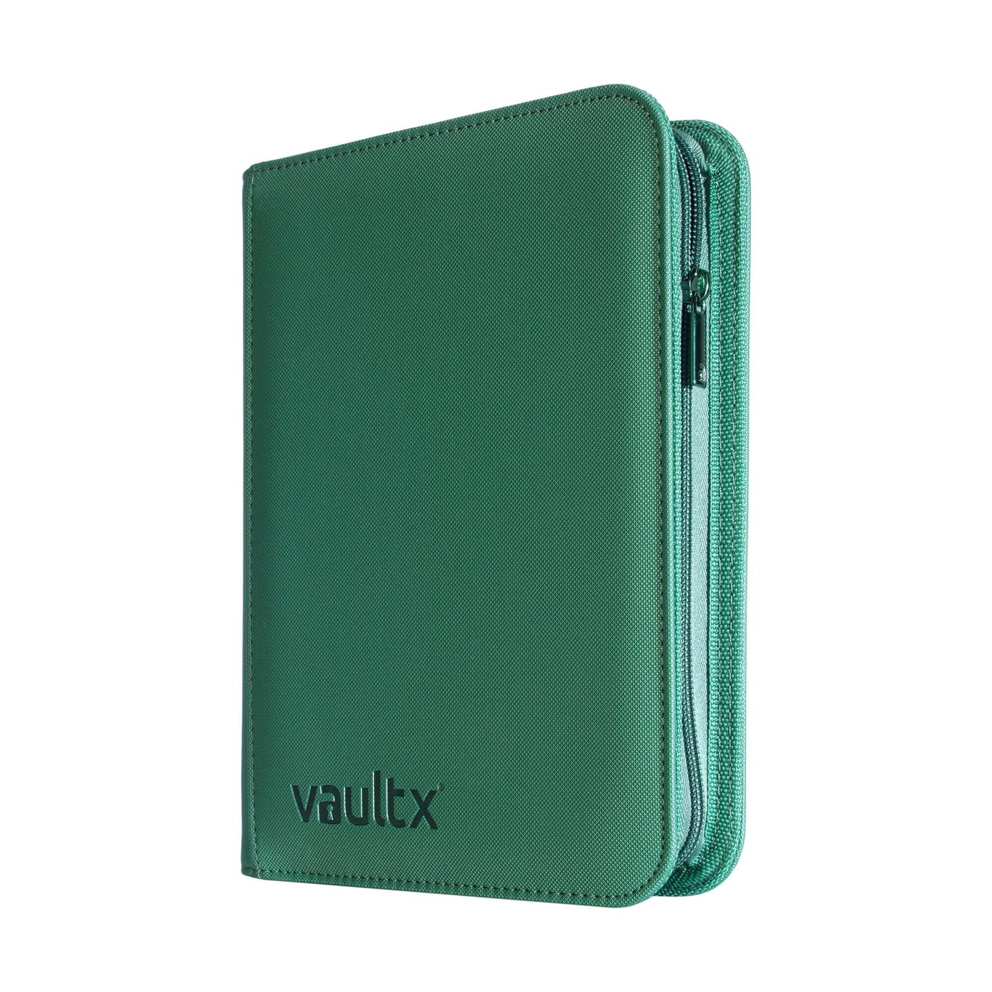 Green zippered case with 'vaultx' branding on a white background