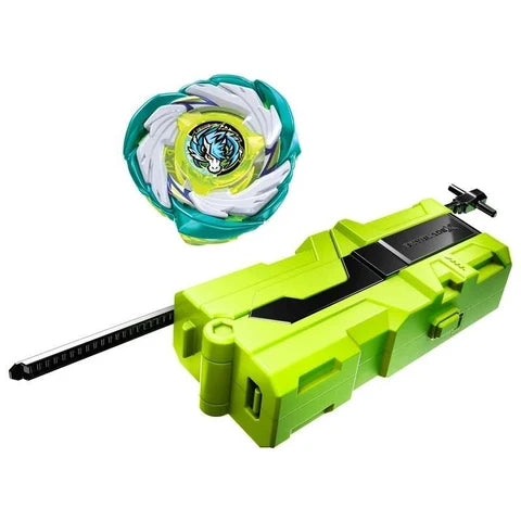 A Beyblade toy set featuring a bright lime green launch platform with a black center panel and a long black launching rod, alongside a blue, white, and yellow Beyblade top that reads 'TIGER'.