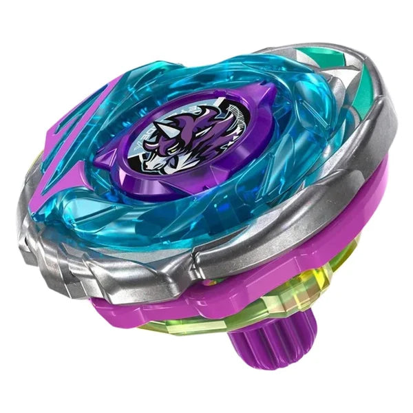 A Beyblade toy spinning top with a translucent blue and purple top section, a purple center emblem, a metallic silver outer rim, and a purple base with green and yellow translucent accents, shown on a plain white background.