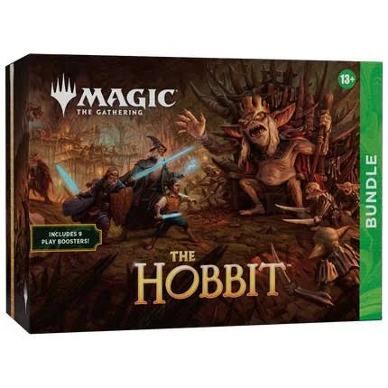 Magic: The Gathering The Hobbit Bundle box set, featuring artwork of a battle scene with a large creature and green side panel indicating a 13+ rating and bundle contents.