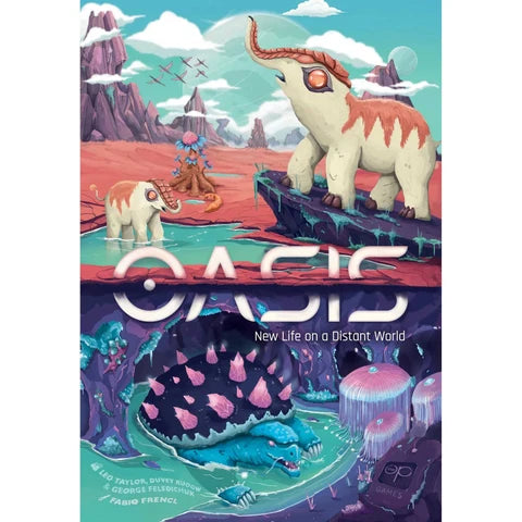 Book cover for 'Oasis: New Life on a Distant World' by Leo Taylor, Duvy Brooks, and George Frenchel, featuring vibrant, stylized fantasy illustrations of prehistoric creatures in a colorful landscape.