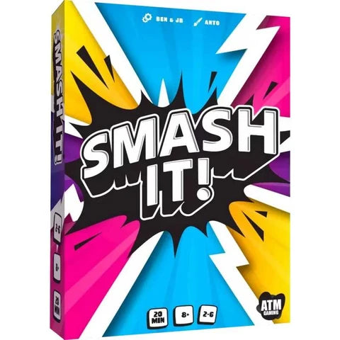The board game box for 'Smash It!' by ATM Games, featuring a vibrant comic-style design with a black explosion shape and bold white text, surrounded by bright blue, pink, yellow, and purple rays.