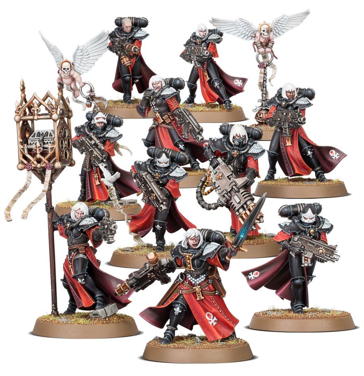 Collection of detailed miniature figurines with red and black attire on a white background