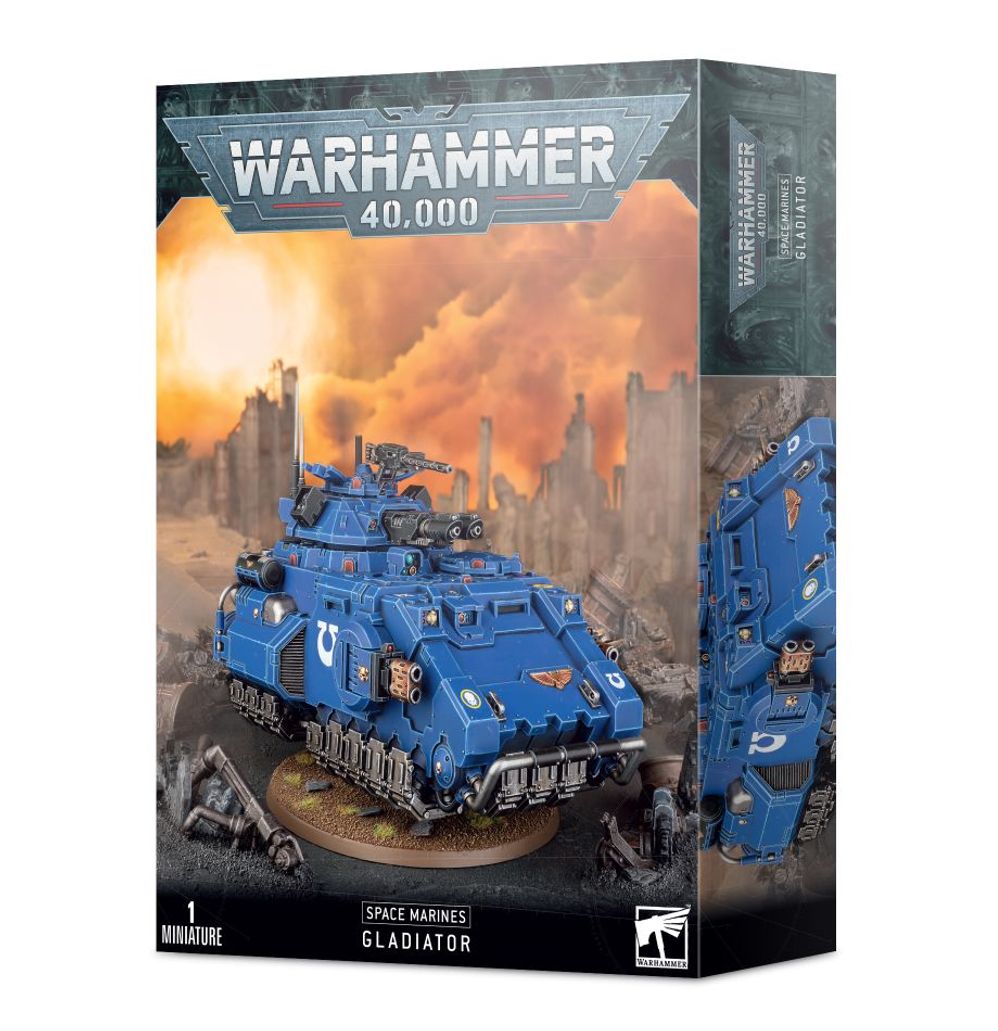 Warhammer 40,000 Space Marines Gladiator model on a box with fiery background