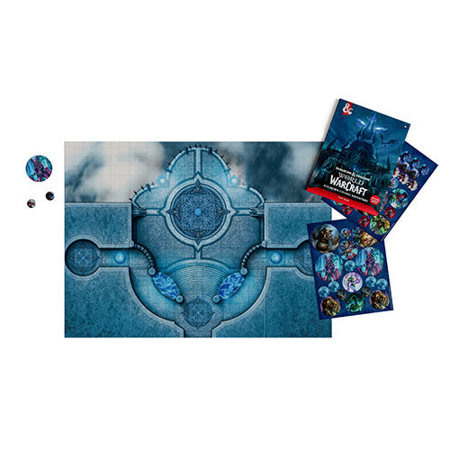Warcraft tabletop gaming set featuring a large blue stone-themed playmat with a central ornate portal design, a few small character dice, a Magic: The Gathering card, and a Magic: The Gathering mana pack on a plain white background.