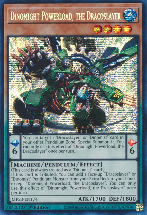 Dinomight Powerload, the Dracoslayer MP23-EN174 Prismatic Prismatic Secret Rare Yu-Gi-Oh 25th Anniversary Tin: Dueling Heroes Mega Pack in Art