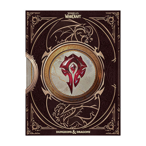 World of Warcraft: Dungeons & Dragons box set cover featuring a dark brown and gold design with the red World of Warcraft logo in the center, shown on a plain white background.