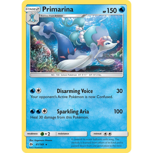 Primarina Rare 41/149 Pokemon Card Game Sun & Moon
