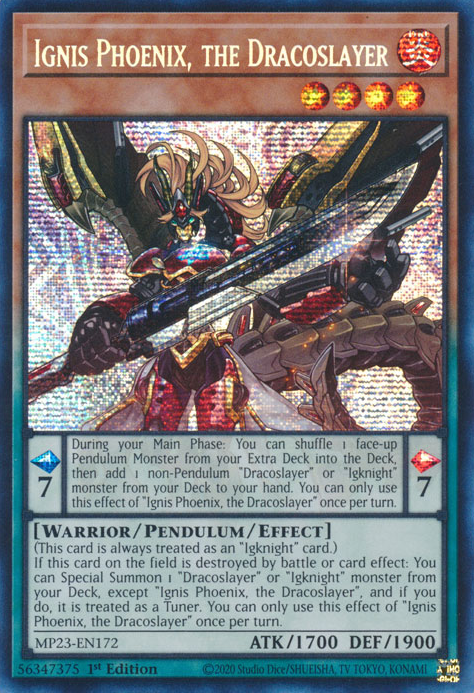 Ignis Phoenix, the Dracoslayer MP23-EN172 Prismatic Prismatic Secret Rare Yu-Gi-Oh 25th Anniversary Tin: Dueling Heroes Mega Pack in Art