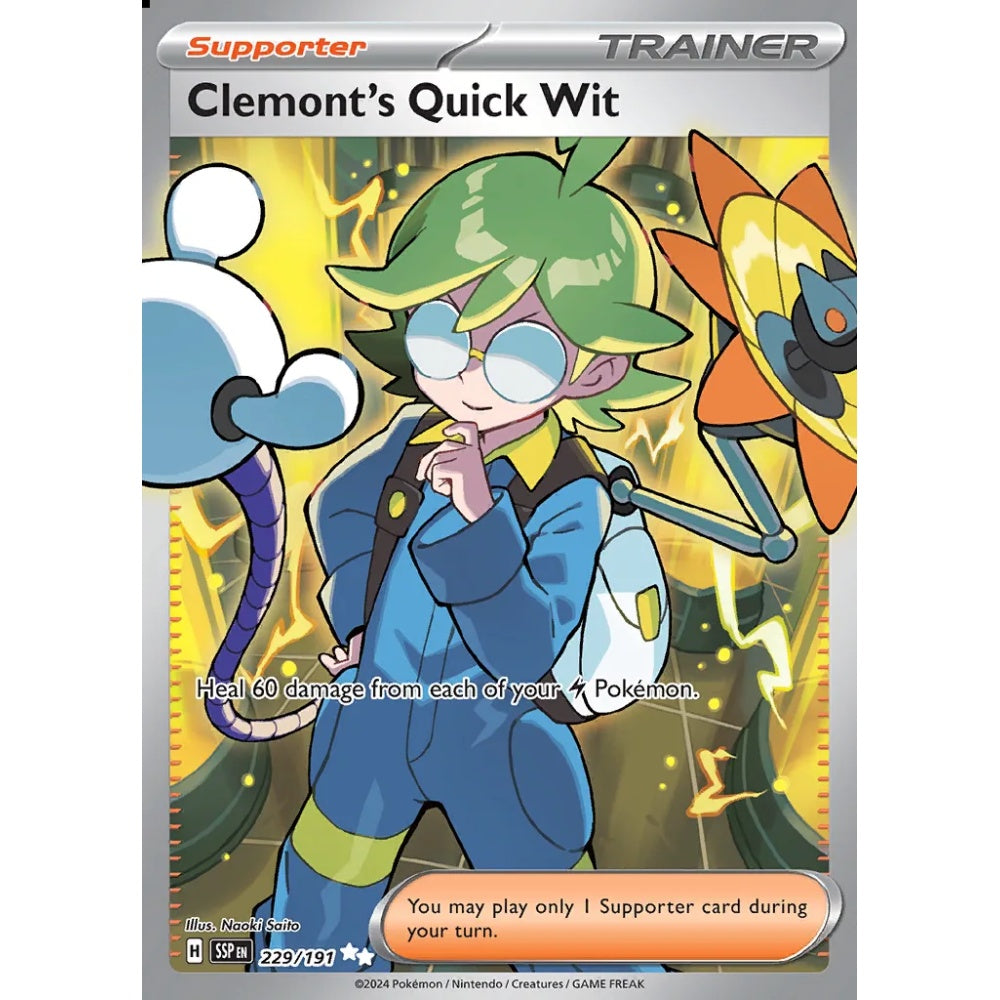 Clemont's Quick Wit Ultra Rare 229/191 Pokemon Card Game Surging Sparks