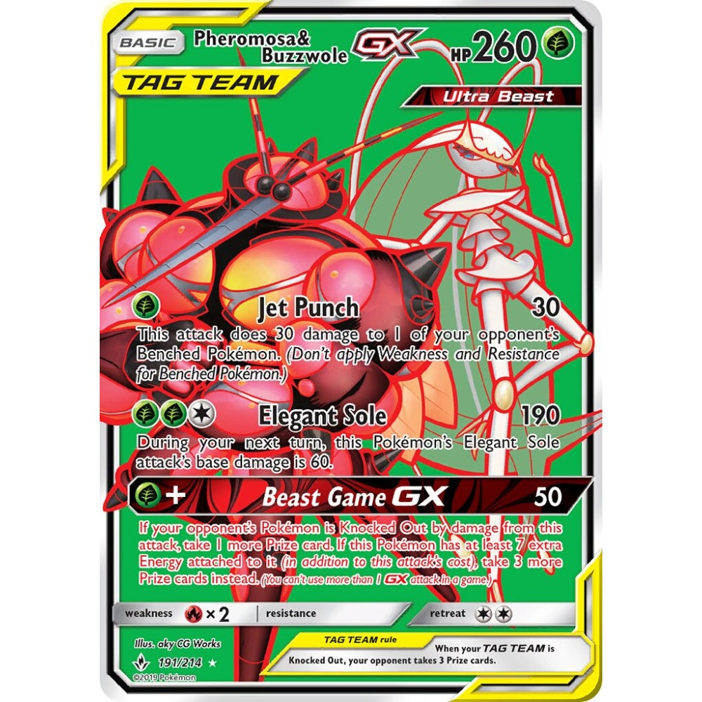 Pheromosa & Buzzwole-GX Rare Ultra 191/214 Pokemon Card Game Unbroken Bonds