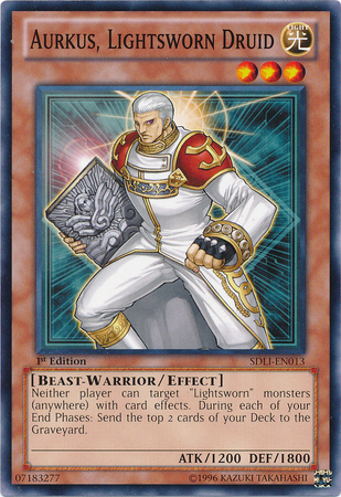 Aurkus, Lightsworn Druid LODT-EN081 Super Super Rare Yu-Gi-Oh Light of Destruction in Art
