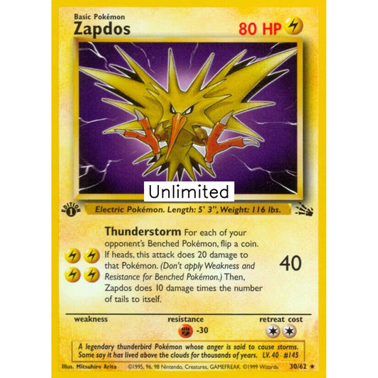 Zapdos Rare 30/62 Pokemon Card Game Fossil