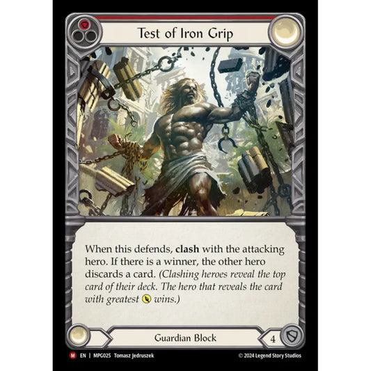 Test of Iron Grip MPG025-RF Majestic Flesh & Blood Trading Card Game Mastery Pack Guardian in Rainbow Foil Art