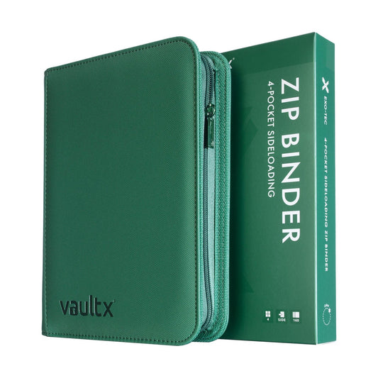 Green zip binder with packaging on a white background