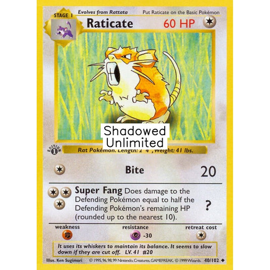 Raticate Uncommon 40/102 Pokemon Card Game Base Set