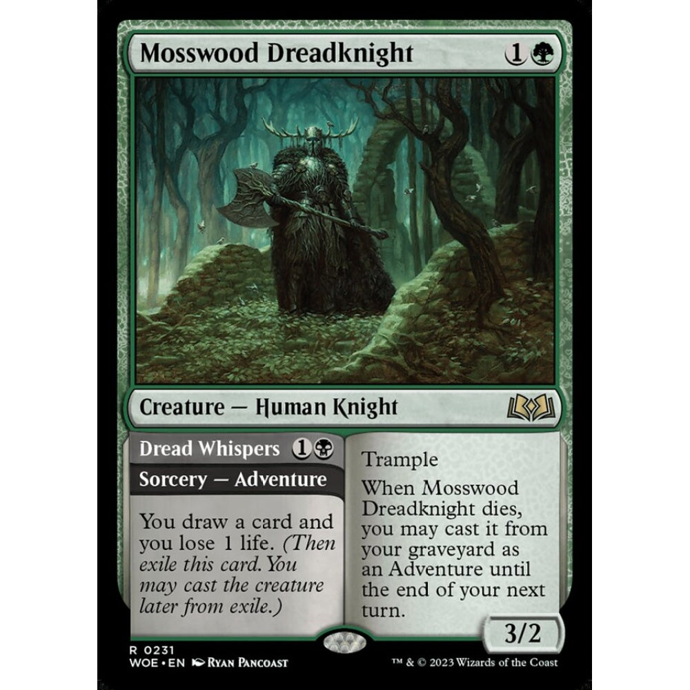 Mosswood Dreadknight // Dread Whispers, rare, 231, Magic the Gathering, Wilds of Eldraine