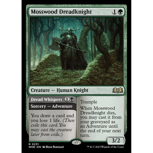 Mosswood Dreadknight // Dread Whispers, rare, 231, Magic the Gathering, Wilds of Eldraine
