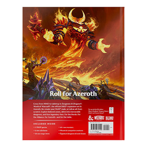 Back cover of a Dungeons & Dragons 5th Edition product box featuring a dramatic fantasy illustration of a fiery Azeroth monster, with red footer text and a barcode.