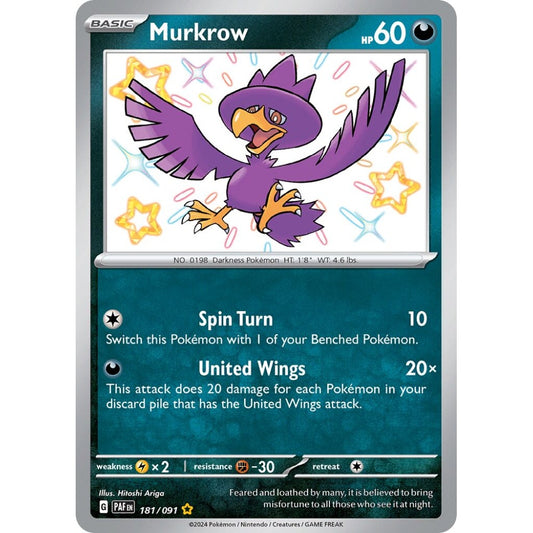 Murkrow Shiny Rare 181/091 Pokemon Card Game Paldean Fates