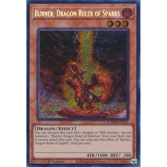 Burner, Dragon Ruler of Sparks RA03-EN256 Platinum Platinum Secret Rare Yu-Gi-Oh Quarter Century Bonanza in Art