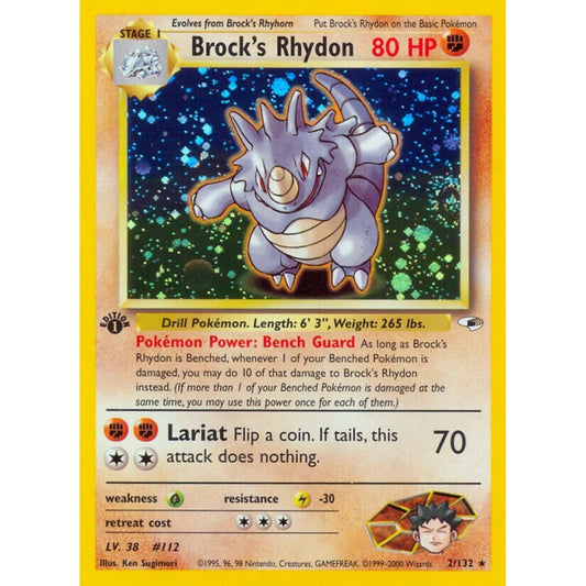 Brock's Rhydon Rare Holo 2/132 Pokemon Card Game Gym Heroes