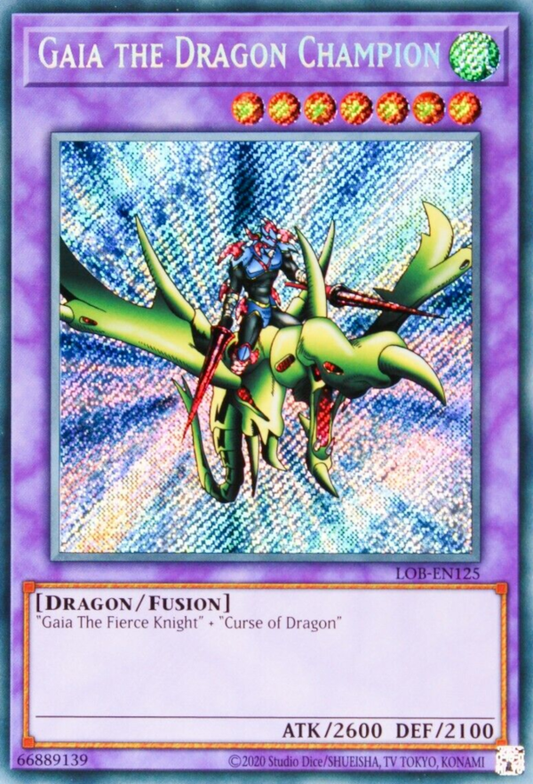 Gaia the Dragon Champion LOB-EN125 Secret Secret Rare Yu-Gi-Oh Legend of Blue Eyes White Dragon in Art