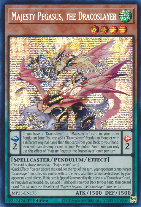 Majesty Pegasus, the Dracoslayer MP23-EN173 Prismatic Prismatic Secret Rare Yu-Gi-Oh 25th Anniversary Tin: Dueling Heroes Mega Pack in Art