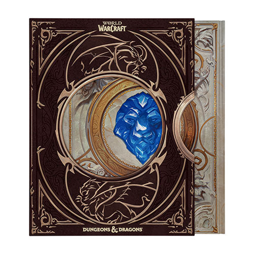 World of Warcraft Dungeons & Dragons box set featuring a dark brown cover with gold filigree and a central blue gemstone illustration, shown with the inner illustrated panel partially visible behind it.