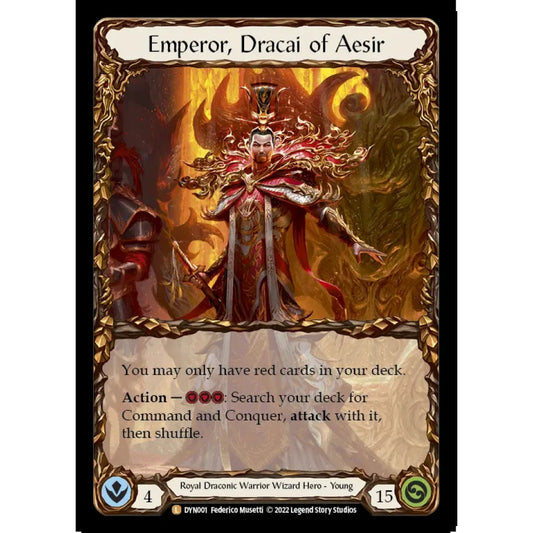 Emperor, Dracai of Aesir DYN001-RF Legendary Flesh & Blood Trading Card Game Dynasty in Rainbow Foil Art