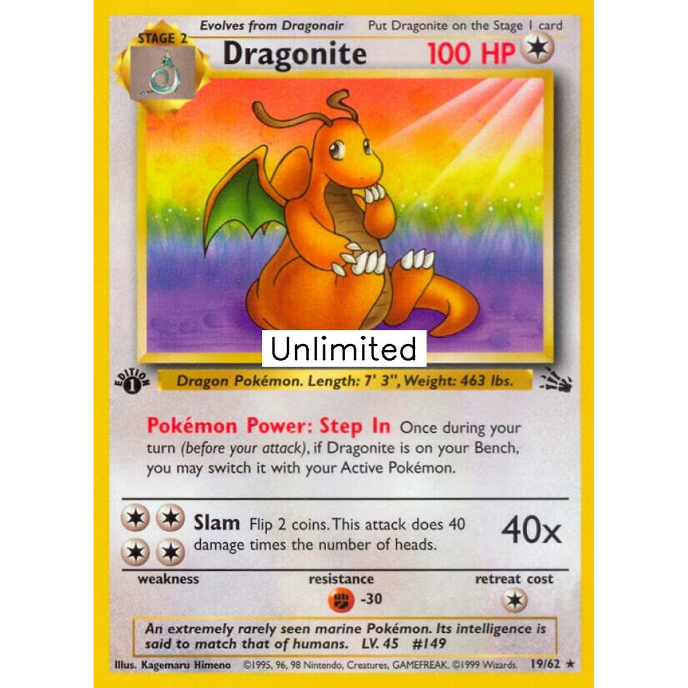 Dragonite Rare 19/62 Pokemon Card Game Fossil