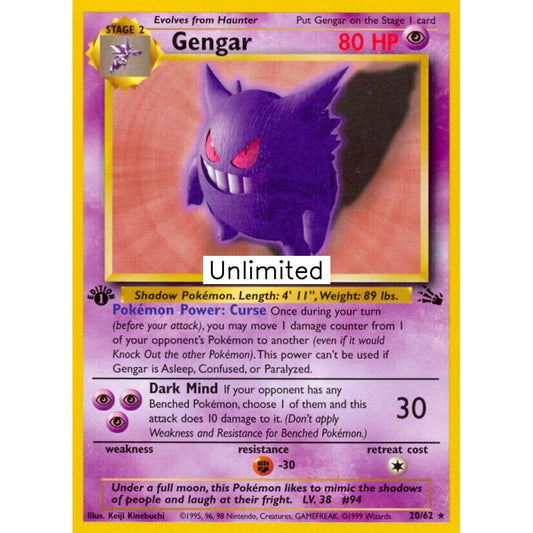 Gengar Rare 20/62 Pokemon Card Game Fossil