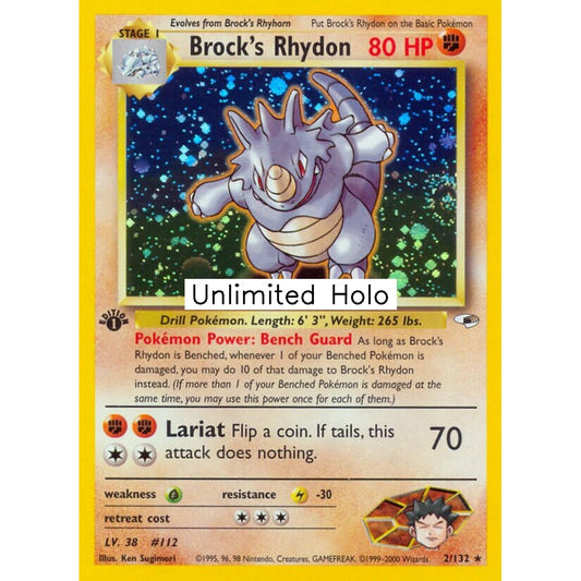 Brock's Rhydon Rare Holo 2/132 Pokemon Card Game Gym Heroes
