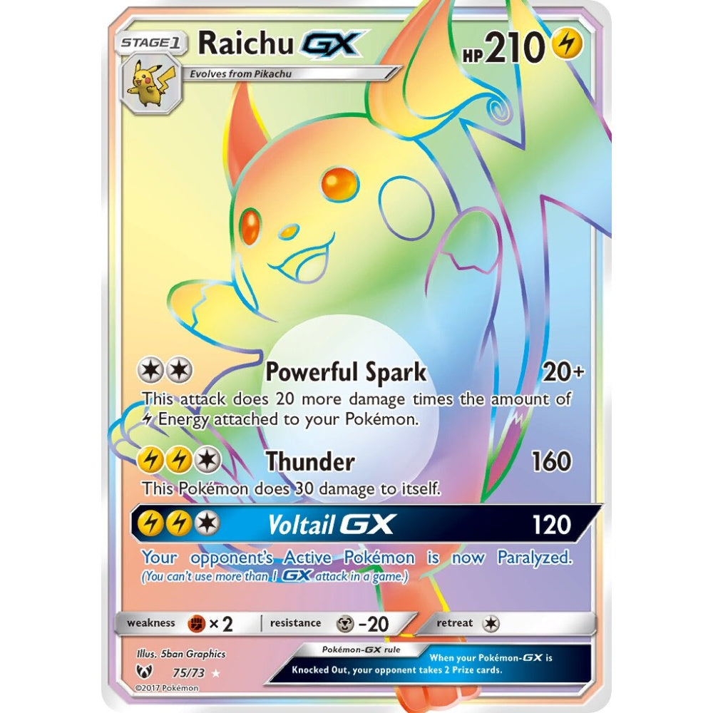 Raichu-GX Rare Rainbow 75/73 Pokemon Card Game Shining Legends