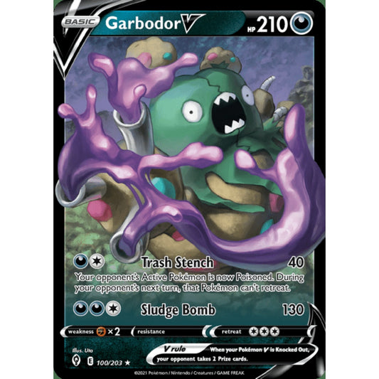 Garbodor V Double Rare 100/203 Pokemon Card Game Evolving Skies