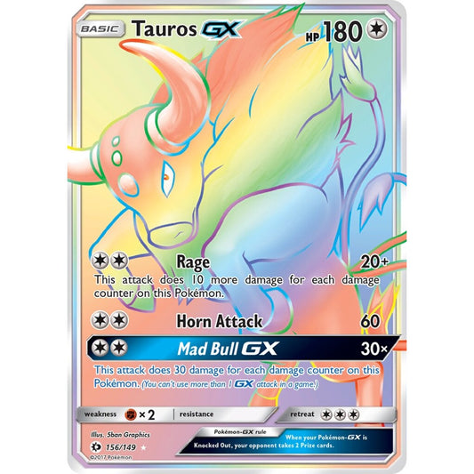 Tauros-GX Rare Rainbow 156/149 Pokemon Card Game Sun & Moon