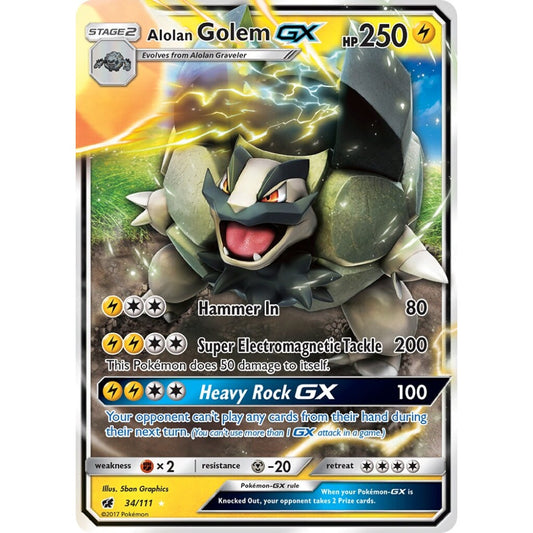 Alolan Golem-GX Rare Holo GX 34/111 Pokemon Card Game Crimson Invasion