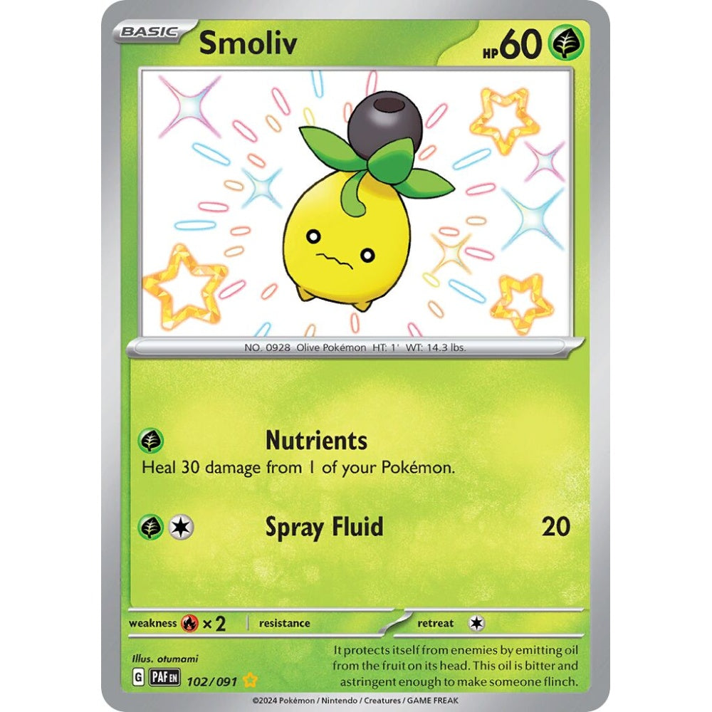 Smoliv Shiny Rare 102/091 Pokemon Card Game Paldean Fates