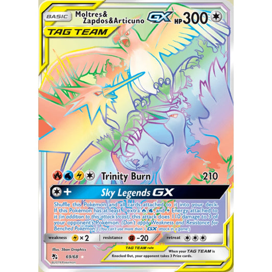 Moltres & Zapdos & Articuno-GX Rainbow Rare 69/68 Pokemon Card Game Hidden Fates