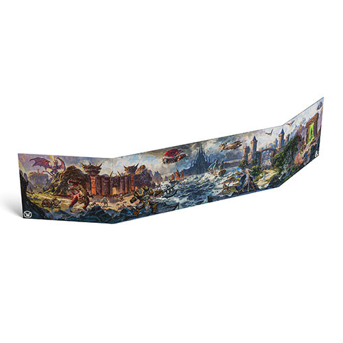 A long, narrow printed panel or banner shown on a plain white background, featuring a detailed fantasy battle scene with dragons, towers, water, and figures. No person, animal, or real environment is present.
