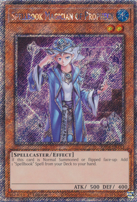 Spellbook Magician of Prophecy RA04-EN183 Platinum Platinum Secret Rare Yu-Gi-Oh Quarter Century Stampede in Art